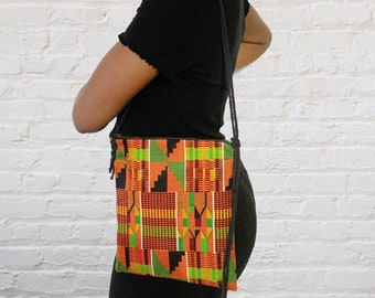 Kente Cloth Crossbody Bag, African Purse, Orange Green Black Sling Bag