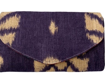 Purple Envelope Clutch Bag, Handmade Boho Fabric Handbag, Tan and Purple Purse