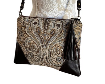 Brown Leather and Chenille Paisley Clutch Bag, Small Crossbody Travel Purse, Classic Fall Handbag