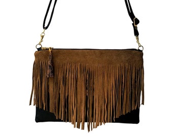 Leopard and Black Leather Clutch Bag, Fringe Leather Crossbody Bag, Brown Suede Purse, Adjustable Strap