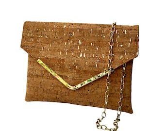 Eco-Friendly Cork Clutch Bag, Boho Chic Evening Handbag, Envelope Purse, Shoulder Bag with Gold Chain