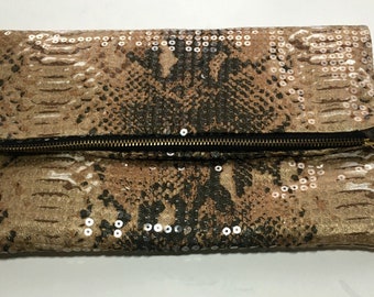 Clutch Fold Over Evening Bag, Snake Print Sequin Clutch Bag,  Custom Handbag Gift for Her, Animal Print Wedding Purse