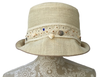 Burlap Sun Hat Wide Brim off White, Bohemian Beach Hat, Bucket Hat Cotton Taupe, Reversible Summer Hat