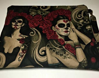 Sugar Skull Hearts Rose Clutch Purse, Day of the Dead Wristlet, Tattoo Lovers Clutch Gift for Women