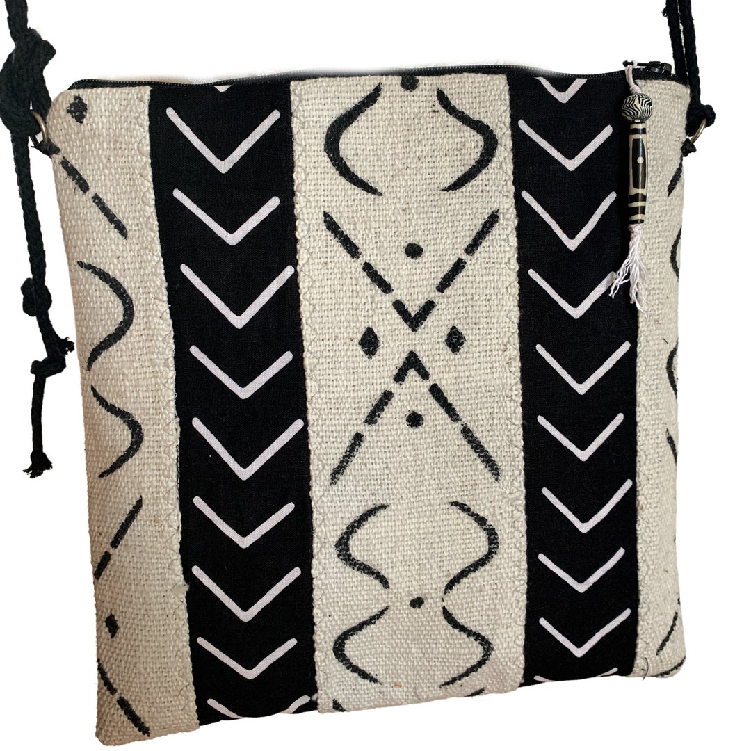 Mud Cloth Crossbody Bag, African Black White Tribal Print Purse