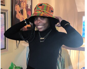 Bucket Hat African Kente Print, Afro Centric Print Unisex Hat, Reversible Black Cotton Sun Hat