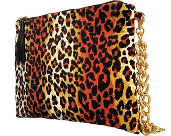 Leopard Print Fabric Clutch Bag, Evening Bag, Boho Clutch Wristlet with Gold Chain, Animal Print Purse