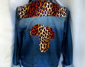 Denim Jacket with Leopard Print, Women's Jean Jacket Upcycled, Afrocentric Patchwork Jacket