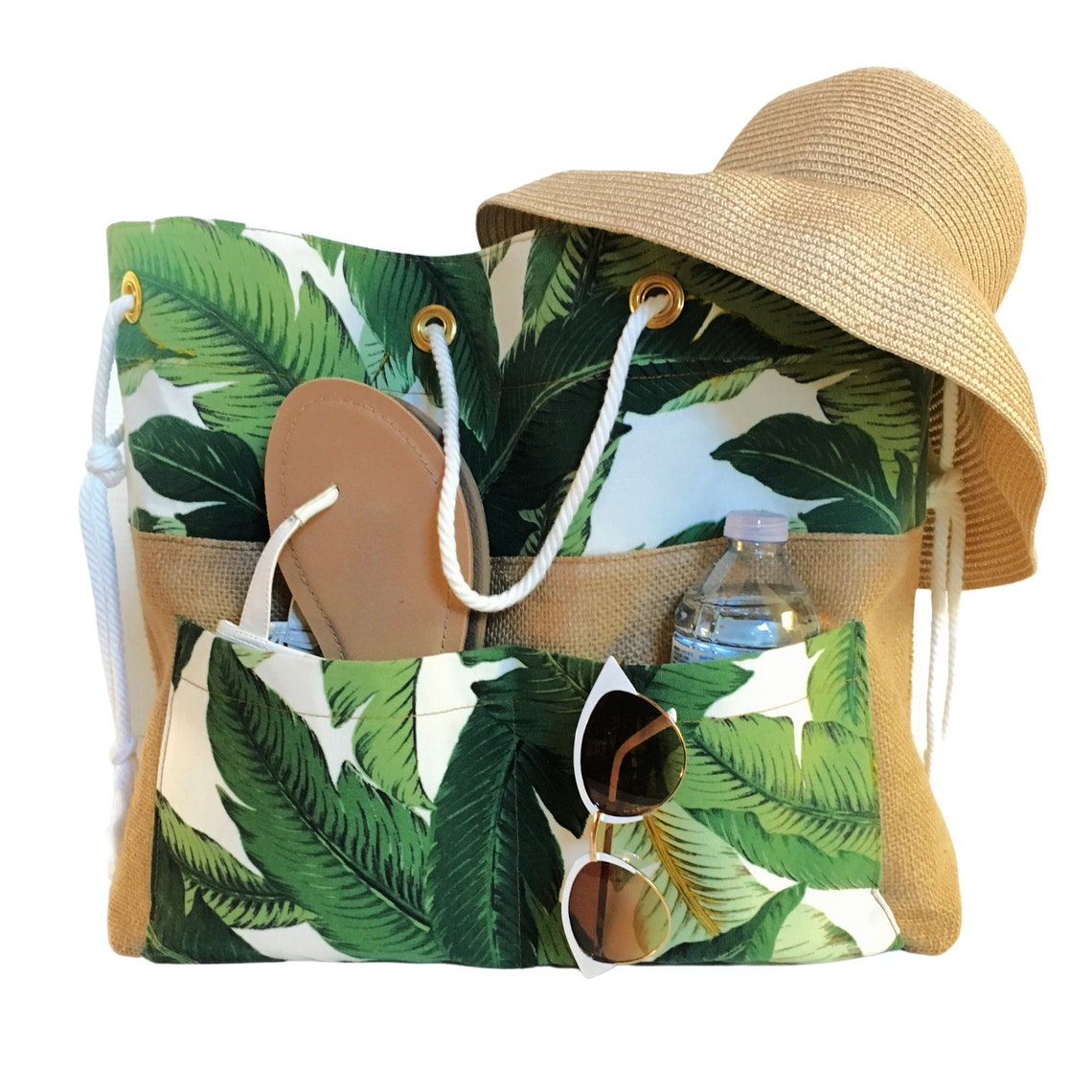Large Drawstring Beach Bag Tropical Palm Leaf Canvas Tote Etsy