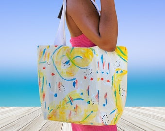 Large Yellow Canvas Tote Bag, Beach Bag, Weekender Tote, Hand-Painted Abstract Bag