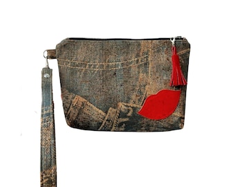 Cork Purse Jean Print, Blue Cork Wallet, Loving Lips Wristlet Clutch Bag,