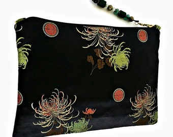 Black Silk Evening Bag, Floral Wedding Clutch Bag, Asian Embroidery Wedding Purse