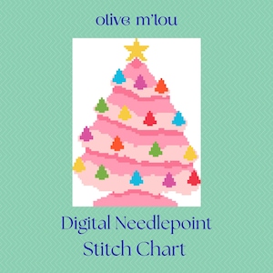 May include: A digital needlepoint stitch chart featuring a pixelated pink Christmas tree with colorful ornaments and a yellow star on top. The text "olive m'lou" is at the top, and "Digital Needlepoint Stitch Chart" is at the bottom.