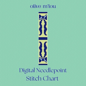 May include: Digital needlepoint stitch chart with a vertical design. The design features a repeating pattern of blue bows and abstract shapes on a yellow background. The text "olive m'lou" is at the top, and "Digital Needlepoint Stitch Chart" is at the bottom.