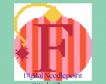 May include: A digital needlepoint stitch chart featuring a colorful design. The image showcases a pixelated ornament shape with vertical stripes in shades of pink and orange. A large red letter "F" is centered, with the text "Digital Needlepoint Stitch Chart" below.