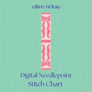 Puede incluir: Un gráfico de punto de cruz digital con un diseño rosa y blanco sobre un fondo turquesa. El diseño presenta una columna vertical con lazos rosas y líneas onduladas. El texto "olive m'lou" está en la parte superior y "Digital Needlepoint Stitch Chart" en la inferior.