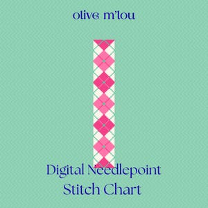 May include: A digital needlepoint stitch chart with a vertical design of pink and white argyle diamonds. The text "olive m'lou" is at the top, and "Digital Needlepoint Stitch Chart" is at the bottom. The background is a light teal color.