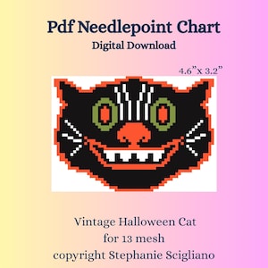 Vintage Halloween Cat Needlepoint Stitch Chart Digital Download PDF 13 Mesh