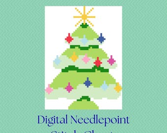 Retro Xmas Tree Green Needlepoint Stitch Chart Digital Download PDF 13 Mesh