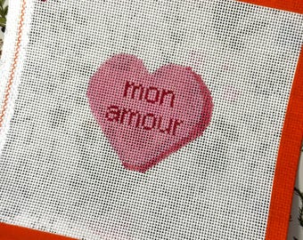 Handpainted Stitchpainted Pink Valentine Candy Mon Amour French 14 Mesh Canvas