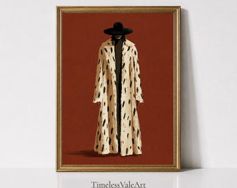 Peut inclure: Une impression d'art murale encadrée représentant une silhouette vêtue d'un long manteau crème à motifs de coups de pinceau noirs, d'un col roulé sombre et d'un chapeau noir à larges bords sur fond terracotta. Le texte TimelessValeArt est visible.