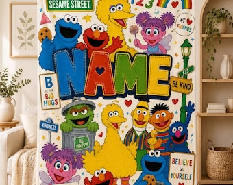 Personalisierte Sesamstraßen-Puppen-Collage-Decke, individueller Name, weiche Flanelldecke