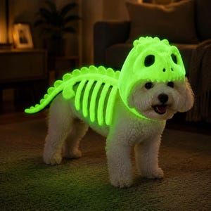 Puede incluir: Un disfraz para mascota de color verde ne&oacute;n brillante que presenta una capucha de dinosaurio con detalles de ojos negros y un dise&ntilde;o de caja tor&aacute;cica esquel&eacute;tica que se extiende a lo largo de la espalda con una cola puntiaguda.