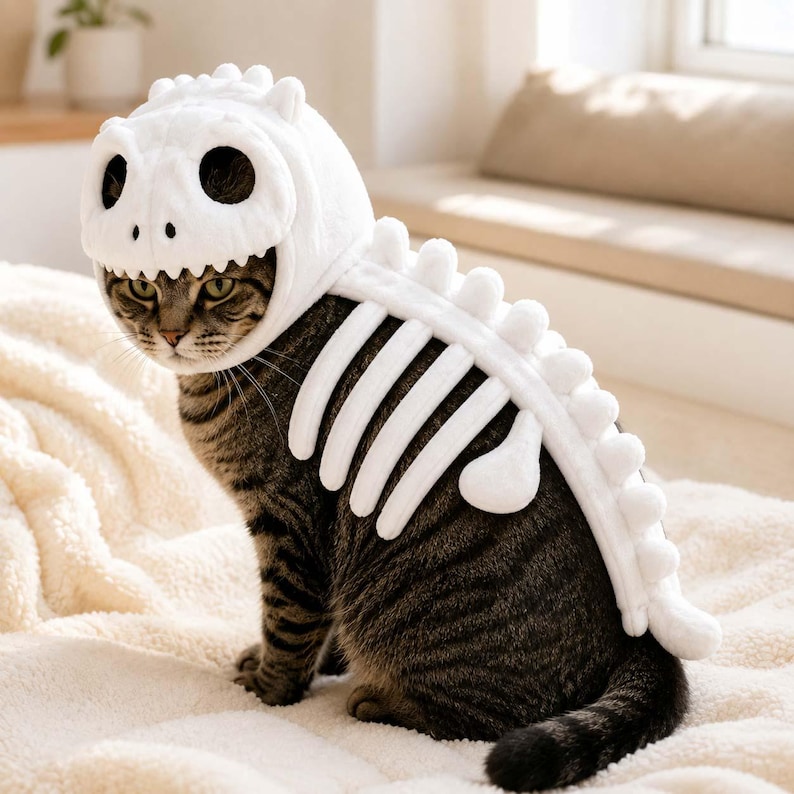 Puede incluir: Un disfraz de esqueleto de dinosaurio de felpa blanca para gato. El disfraz cuenta con una capucha con forma de cr&aacute;neo de dinosaurio con grandes aberturas para los ojos y una pieza dorsal con costillas y placas redondeadas.
