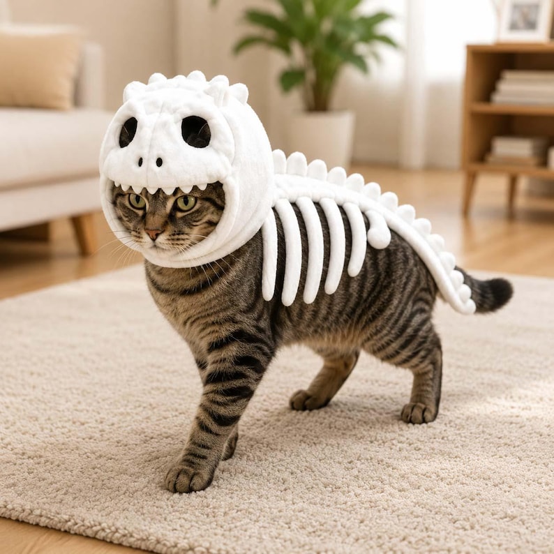 Puede incluir: Un gato atigrado marr&oacute;n lleva un disfraz de peluche blanco con forma de esqueleto de dinosaurio. El disfraz incluye una capucha con cara de calavera y una pieza trasera con costillas blancas y una hilera de p&uacute;as redondeadas en la cola.