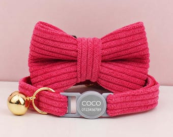 Collar personalizado para gato con pajarita y cascabel, identificación grabada con nombre y número de teléfono, collar para gatitos de uso diario, regalo de cumpleaños para la dueña de un gato.