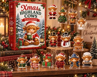 24 Highland Cow Christmas Ornaments, 3D Style Acrylic Cow Ornament Set, Cute Xmas Tree Decorations, Cow Lover Gift, Holiday Keepsake Set