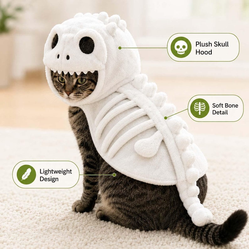 Puede incluir: Un disfraz de esqueleto de felpa blanca para gato que presenta una capucha con dise&ntilde;o de calavera, detalles de huesos suaves a lo largo de la espalda y un dise&ntilde;o ligero. El disfraz incluye etiquetas de texto Plush Skull Hood, Soft Bone Detail y Lightweight Design.