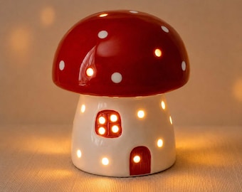 Lámpara de noche de cerámica con forma de hongo, acogedora lámpara de mesilla para estante o escritorio, regalo de estilo cottagecore para ella, regalo de cumpleaños o para inauguración de casa.