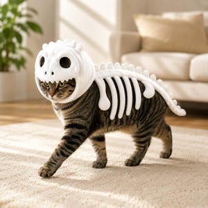 Puede incluir: Un gato atigrado marr&oacute;n lleva un disfraz de esqueleto de dinosaurio de felpa blanca. El disfraz cuenta con una capucha con forma de cr&aacute;neo de dinosaurio que enmarca la cara del gato, con un dise&ntilde;o de columna vertebral y costillas en el lomo.