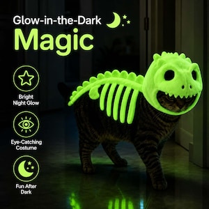 Puede incluir: Un disfraz de esqueleto de dinosaurio que brilla en la oscuridad para gato, con una capucha de color verde ne&oacute;n brillante con dise&ntilde;o de calavera y una pieza dorsal a juego. El texto dice Glow-in-the-Dark Magic, Bright Night Glow, Eye-Catching Costume, Fun After Dark.