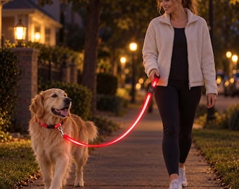 Correa LED recargable para perros, ideal para paseos nocturnos. Regalo de Navidad para dueños de perros.
