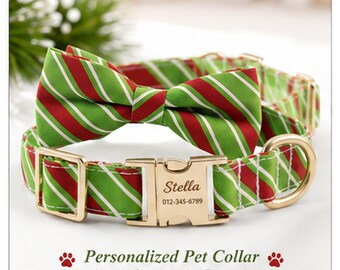 Collar navideño personalizado para perro con pajarita, nombre y número de teléfono grabados, collar con diseño de bastón de caramelo, regalo navideño para la dueña del perro.