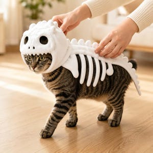 Puede incluir: Un disfraz de esqueleto de dinosaurio de felpa blanca para gato. El disfraz cuenta con una capucha con forma de cr&aacute;neo de dinosaurio con grandes aberturas para los ojos y una pieza dorsal con estructuras costales a lo largo del lomo.