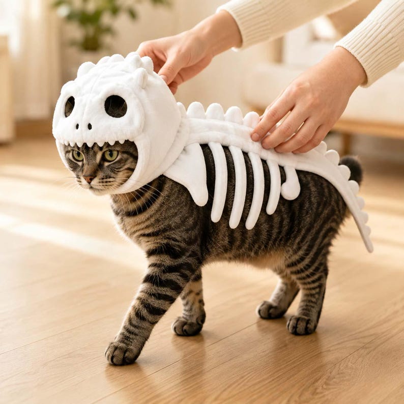 Puede incluir: Un disfraz de esqueleto de dinosaurio de felpa blanca para gato. El disfraz cuenta con una capucha con forma de cr&aacute;neo de dinosaurio con grandes aberturas para los ojos y una pieza dorsal con estructuras costales a lo largo del lomo.