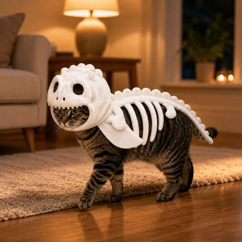 Puede incluir: Un gato atigrado lleva un disfraz de esqueleto de dinosaurio de felpa blanca. El disfraz cuenta con una capucha con forma de cr&aacute;neo de dinosaurio con aberturas para los ojos y una hilera de v&eacute;rtebras blancas a lo largo del lomo y la cola.
