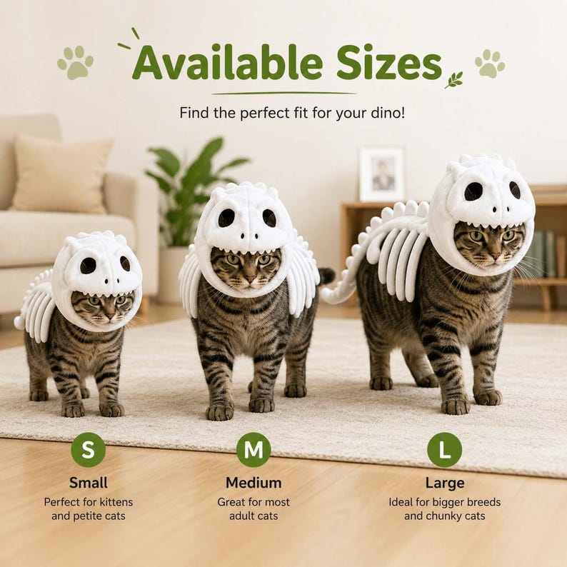 Puede incluir: Tres gatos atigrados con disfraces de esqueleto de dinosaurio blancos en tallas peque&ntilde;a, mediana y grande. El texto dice Available Sizes, Find the perfect fit for your dino, S Small, M Medium y L Large, con descripciones para cada talla.