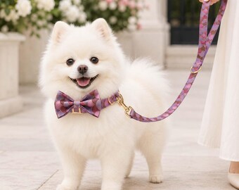Collar personalizado para perro con pajarita y correa, conjunto morado y dorado para paseos, accesorio para perros de boda, regalo de cumpleaños para cachorros para mamás perrunas