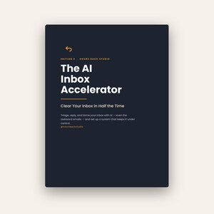 Puede incluir: Un documento digital rectangular de color azul marino oscuro titulado The AI Inbox Accelerator, Edition 3 de Hours Back Studio. Presenta texto en blanco, detalles en naranja y el subtítulo Clear Your Inbox in Half the Time, con texto descriptivo.