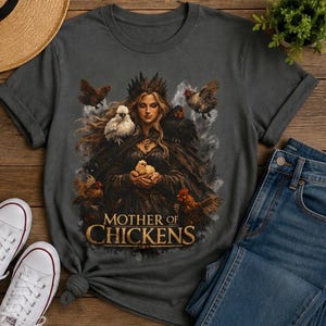 Puede incluir: Una camiseta gris oscuro con un estampado gráfico de una mujer con corona, rodeada de varias gallinas y sosteniendo un pollito. El texto "MOTHER OF CHICKENS" está impreso en letras doradas en la parte inferior del diseño central.