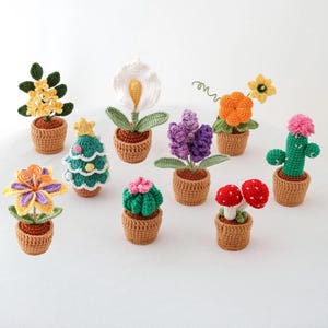 May include: A collection of nine small crocheted plants and flowers, each potted in a textured tan yarn base. The set includes a yellow flower, a white calla lily, a green Christmas tree, a purple hyacinth, a cactus, and red mushrooms.