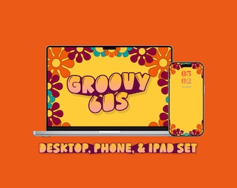 Groovy 60s & 70s Style Desktop Wallpaper, Festival Phone Background, Fun Floral iPad/Tablet Wallpaper Set