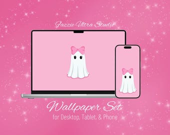 Cute Ghost Desktop Wallpaper, Spooky Background for Phone, Pink Halloween Digital Wallpaper for iPad & Tablet