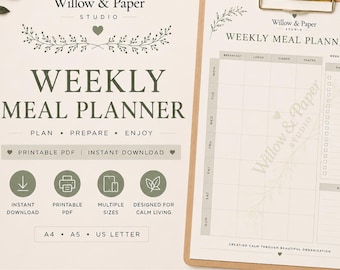 Agenda settimanale minimalista per i pasti color verde salvia / PDF stampabile, lista della spesa (download digitale) Willow & Paper Studio, WillowPaperHome Meal Prep