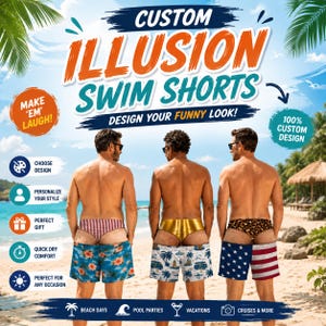 Puede incluir: Tres pares de bañadores personalizados con varios patrones, incluyendo diseños florales, tropicales y patrióticos. Los shorts son mostrados por tres personas en una playa, con el texto superpuesto CUSTOM ILLUSION SWIM SHORTS.