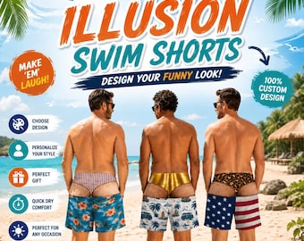 Personalisierte Badehose mit optischem Täuschungseffekt, originelle Strandshorts, witziges Geschenk für Ehemann oder Freund